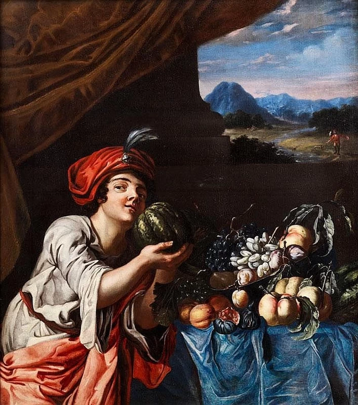 Natura morta di frutta con ragazzo in abiti orientali